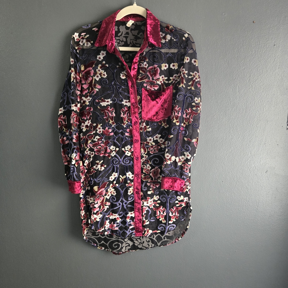 Velvet Burnout Sheer Floral Women's Small Whimsigoth Tunic - Picture 8 of 9